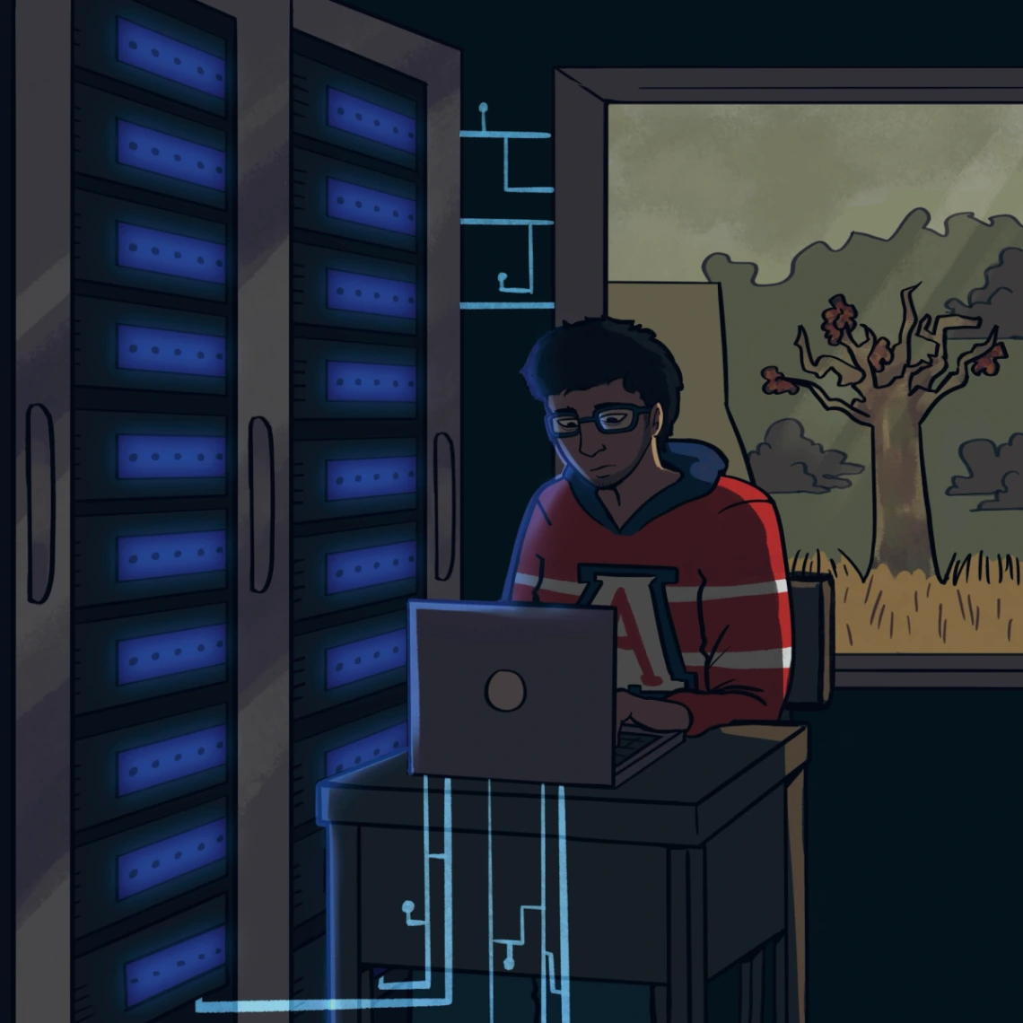 An artistic depiction of a University of Arizona student working on a computer near a server.