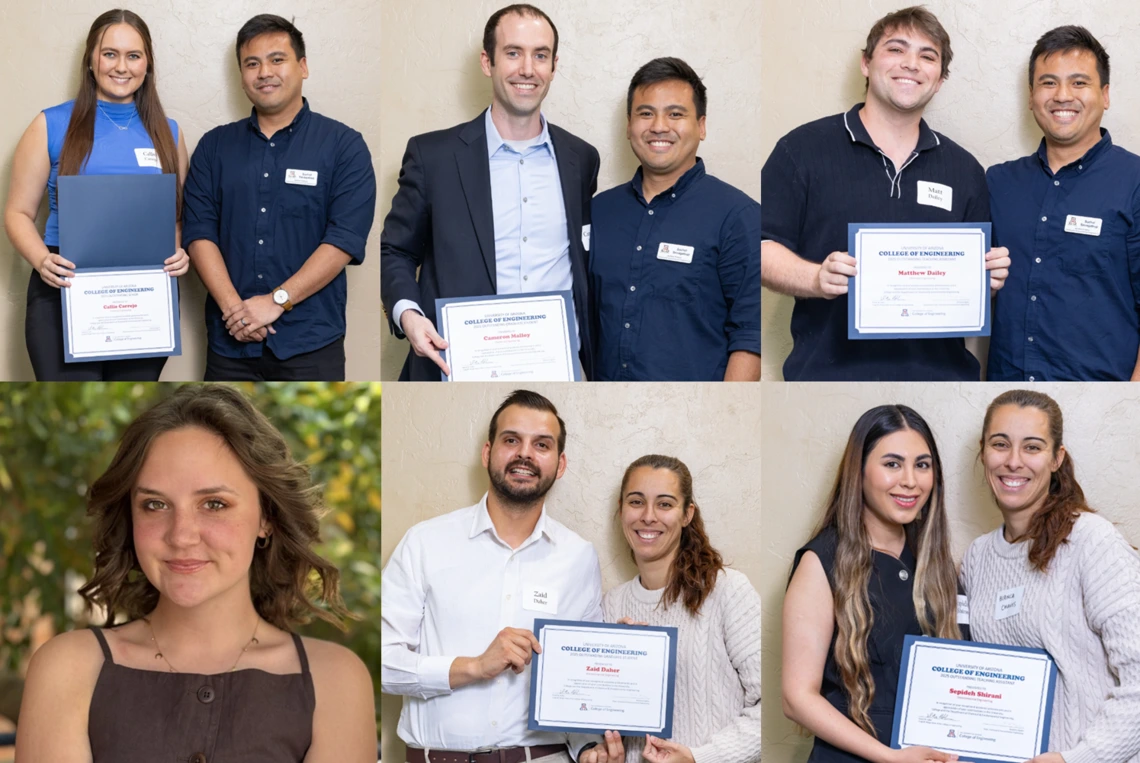 The six outstanding students and teaching assistants in chemical and environmental engineering pose with the faculty who nominated them.