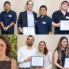 The six outstanding students and teaching assistants in chemical and environmental engineering pose with the faculty who nominated them.
